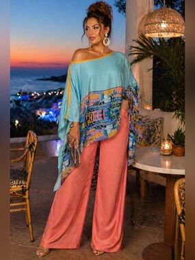 Ashley Stewart 18/20 Batwing Kaftan Top Colorful Abstract Flowy Blouse 👚.